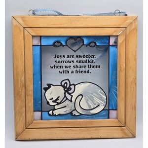 Vintage Stained Glass Cat Suncatcher Wood Frame Friendship Quote Open Window 90s
